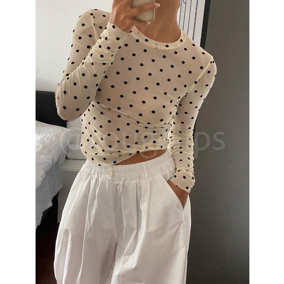 Cream Off White Polka Dot Mesh Sheer Long Sleeve Tee Shirt Top - Picture 5 of 13